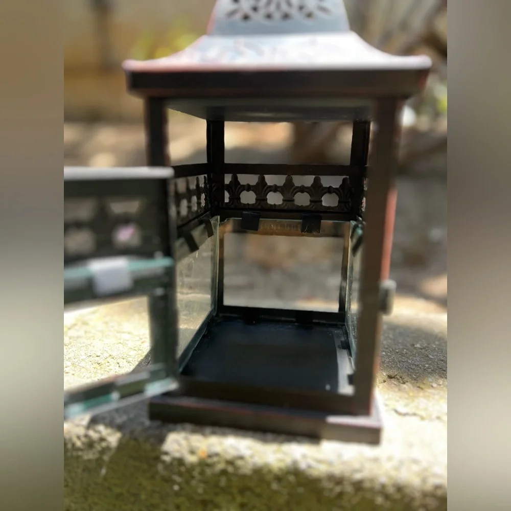Small Black and Red Metal Lantern Candle Holder